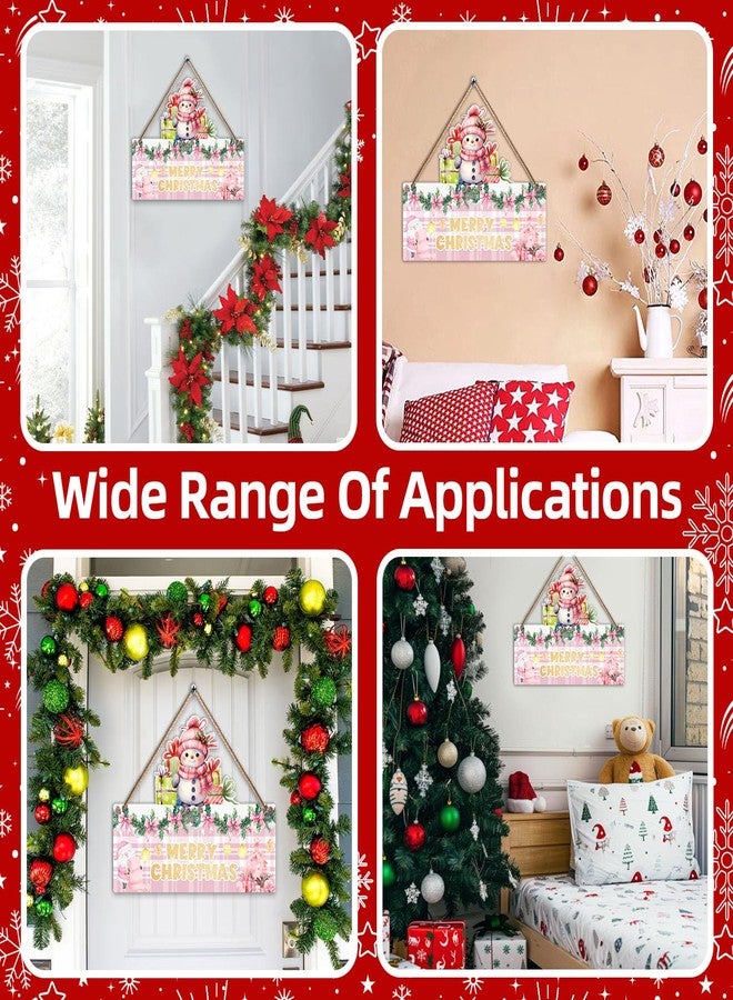 Hatzelou 1PCS Merry Christmas Wall Hanging Sign, Pink Wooden Sign for Front, Chrismas Theme Welcome with Snowman, Perfect for Winter Farmhouse Garden Porch Wall Decor (Christmas Door Sign) - Image 3